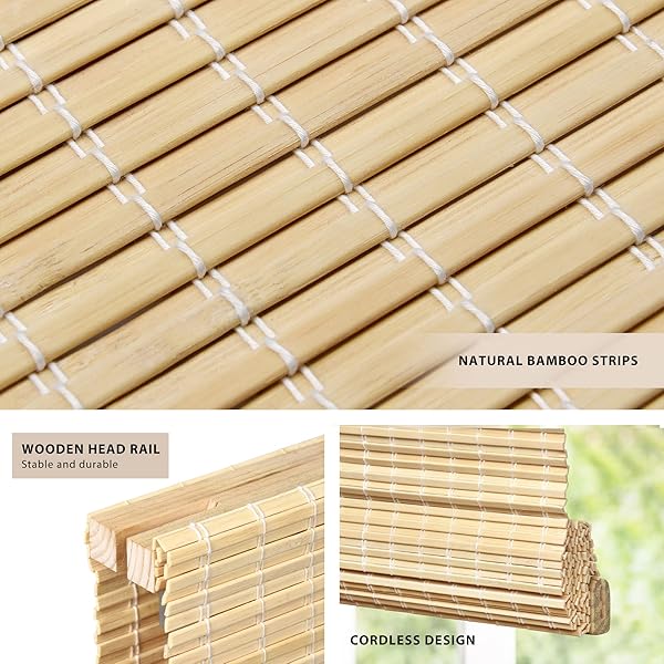 LAZBLINDS NO TOOLS NO DRILL CORDLESS BAMBOO ROMAN SHADES, PRIVACY WINDOW TREATMENT, ROLL UP BAMBOO BLINDS FOR WINDOWS 27” W X 64” H, NATURAL