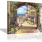 SD SOFT DANCE Italian Town Canvas Wall Art - Coastal Village Painting Artwork Reproduction Print Decor for Living Room (24'' 