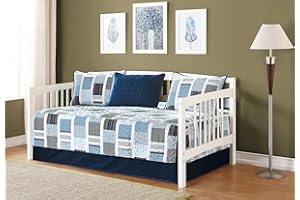 FANCY LINEN Fancy Collection 5pc Day Bed Cover Navy Blue White Light Blue Gray Squares New