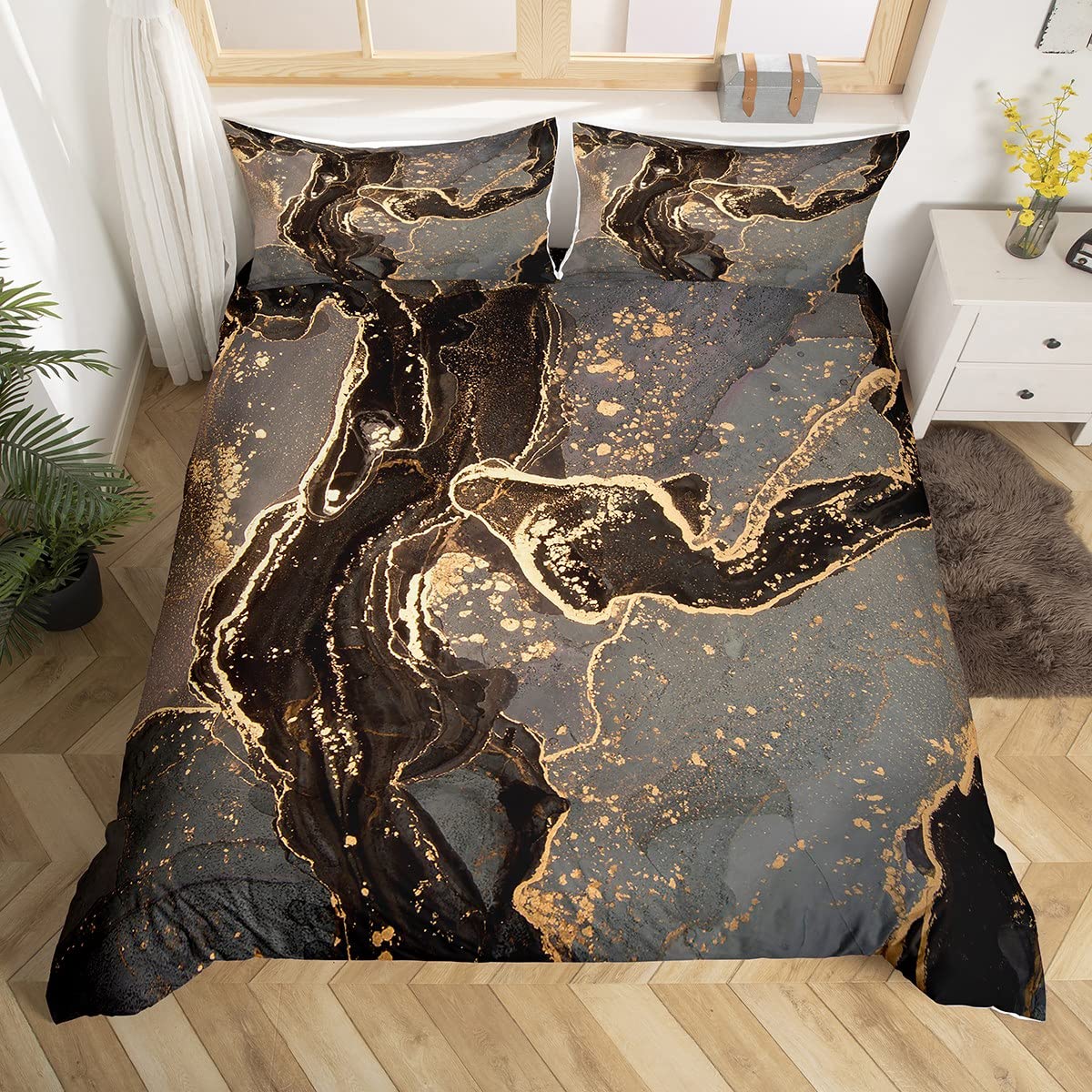 Marbling Duvet Cover Set Double Size, Black Grey Gold Bedding Set 3pcs for Kids Boys Girls Bedroom Decor, Luxury Abstract Marble Comforter Cover Soft Polyester Quilt Cover with 2 Pillowcases — image 1