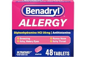Benadryl Ultratabs Antihistamine Allergy Relief Medicine, 25 mg Diphenhydramine HCl Tablets for Relief of Cold & Allergy Symptoms Such as Sneezing, Runny Nose, & Itchy Eyes & Throat, 48 ct