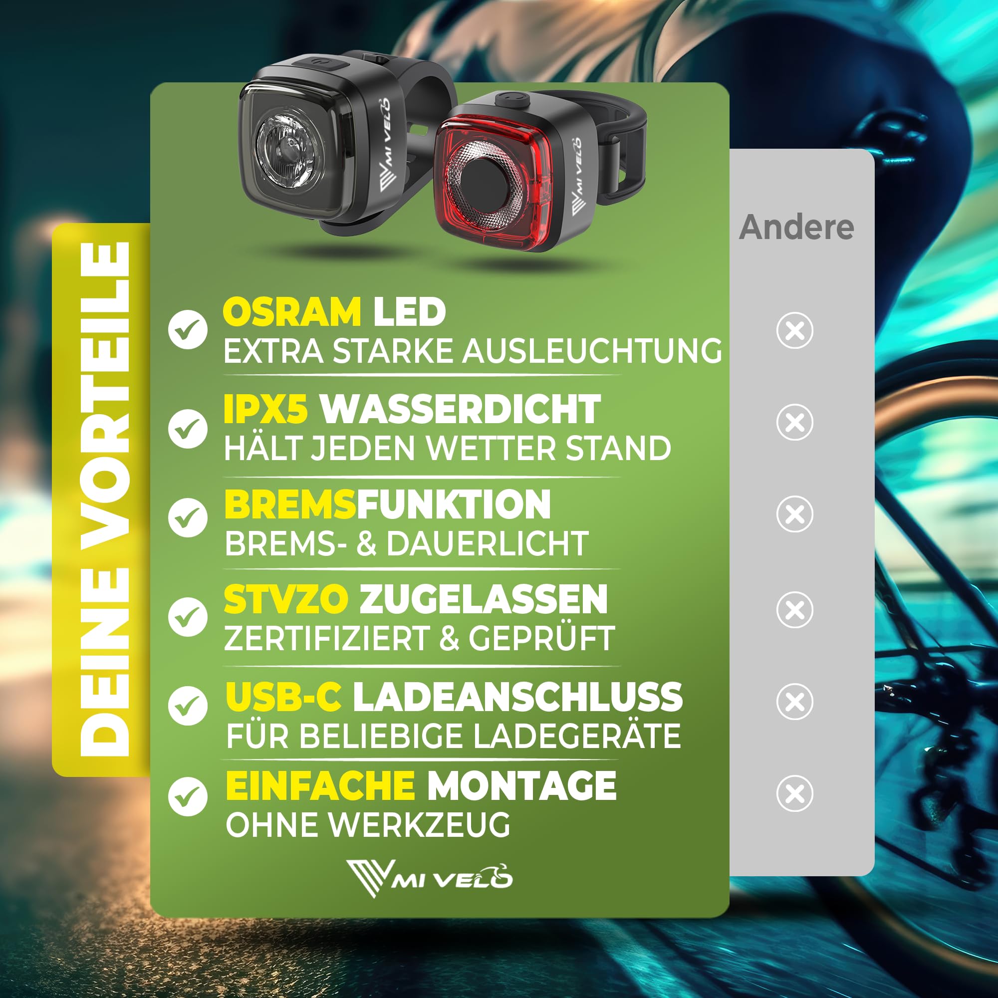 MIVELO Cube PRO Fahrradlicht Set mit Bremsfunktion StVZO zugelassen Fahrradbeleuchtung USB-aufladbar & 100% wasserdicht LED Fahrrad Licht vorne & hinten Rücklicht, Fahrradbeleuchtung 6