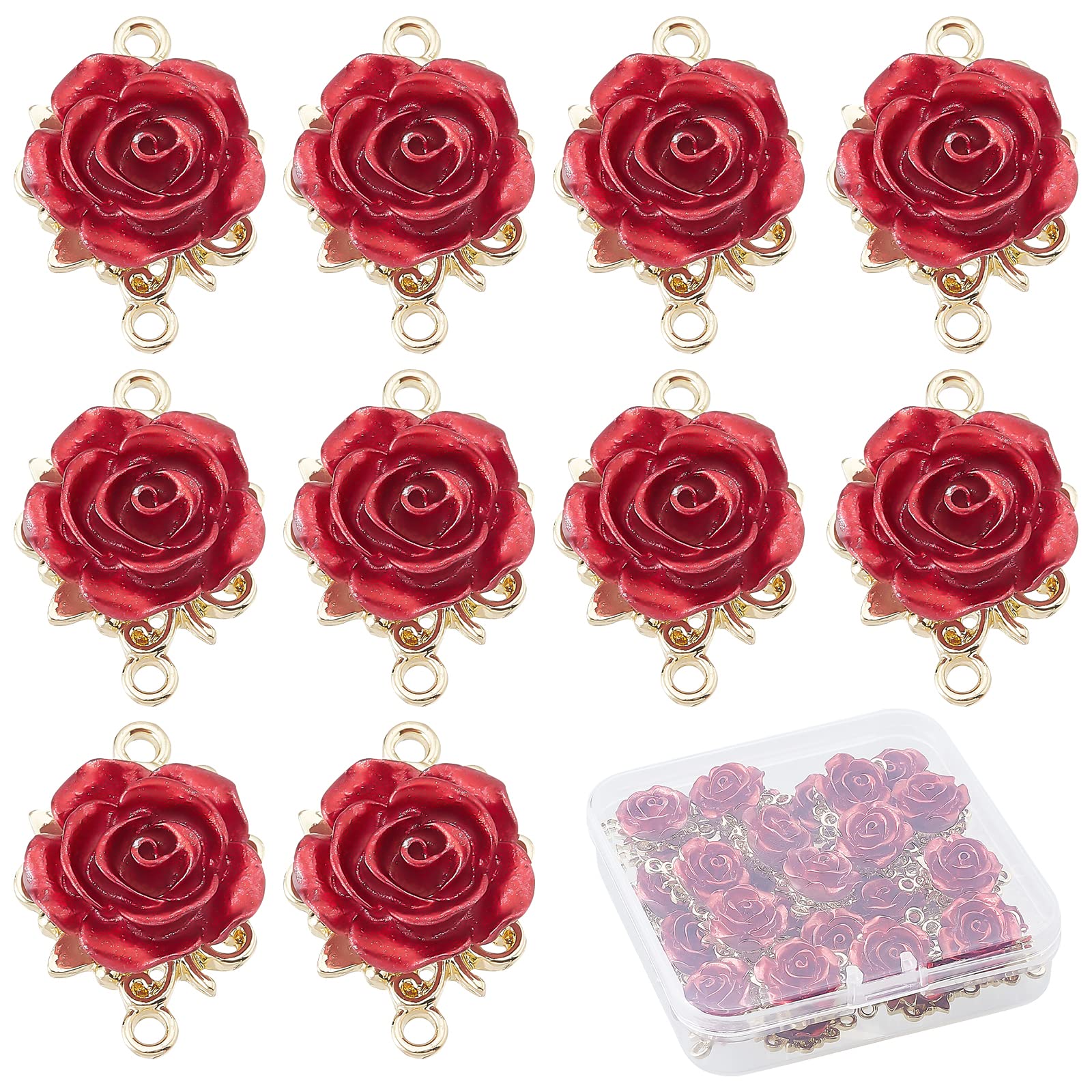 SUNNYCLUE 1 Box 30Pcs Valentines Day Rose Charms 3D Rose Charm Connectors Red Flower Romantic Love for Jewellery Making DIY Necklace Bracelet Earrings Adult Women Gifts