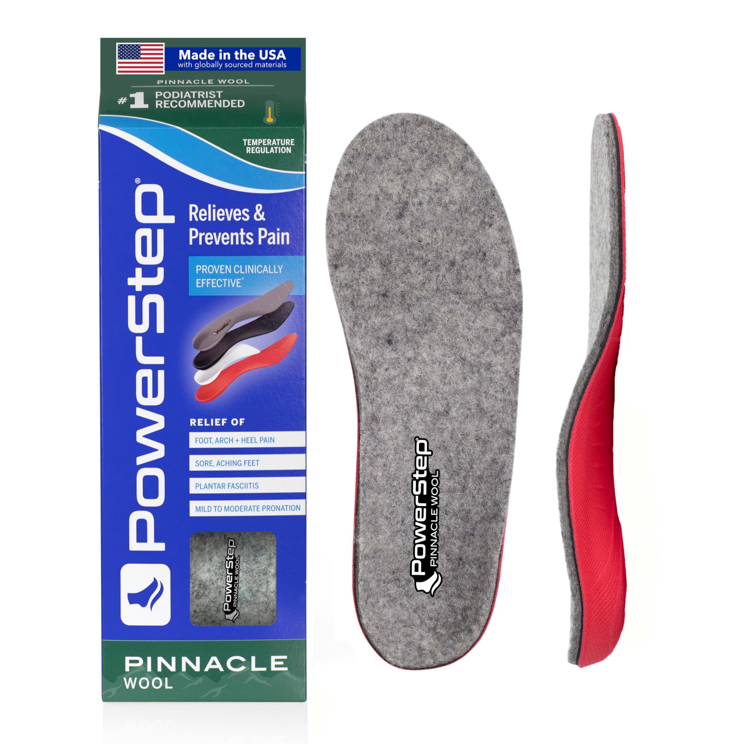 Photo 1 of PowerStep Pinnacle Wool Orthotic Insoles, Arch Support, Temperature Control Insoles, Plantar Fasciitis Pain Relief, Mild Pronation, Unisex, Made in the USA (Men's 5-5.5 / Women's 7-7.5)