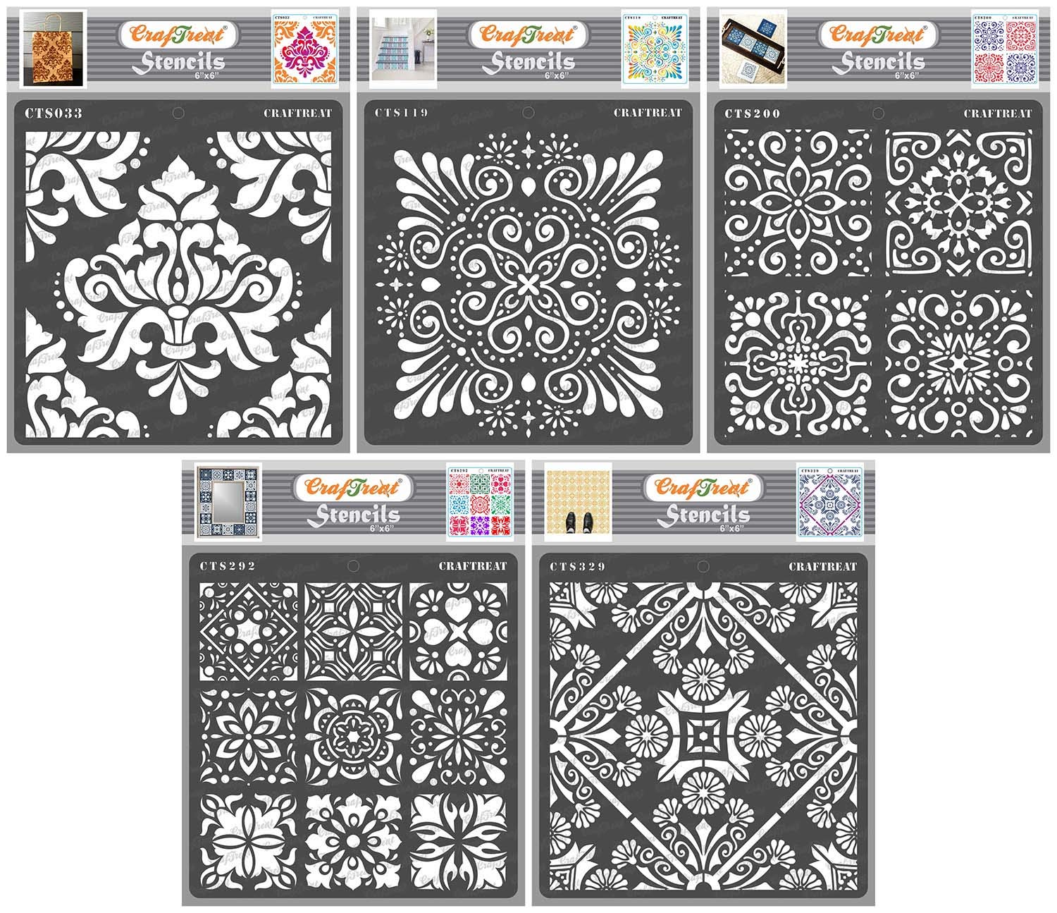 CrafTreat Reusable Damask Stencils for Painting on Wood, Canvas, Paper, Fabric, Floor, Wall and Tile - Tile Designs Bundle - 5Pcs -6x6 Inch Each - DIY Art and Craft Stencils for Home Decor