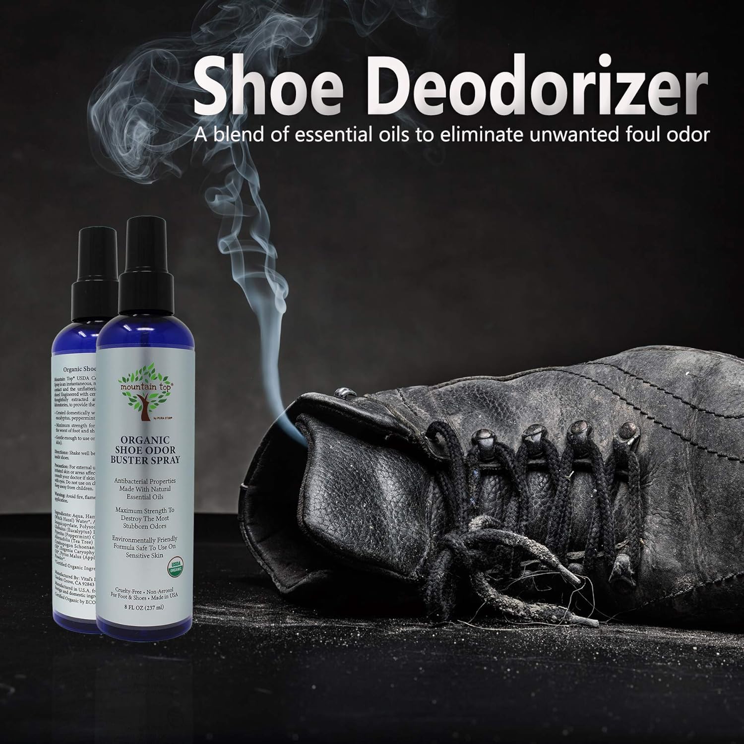 MOUNTAIN TOP Shoe Odor Buster Spray (8 oz / 237 ml) USD Organic - Maximum Strength Foot & Shoe Deodorizer with Eucalyptus, Peppermint, Tea Tree & Lemongrass Oils : Beauty