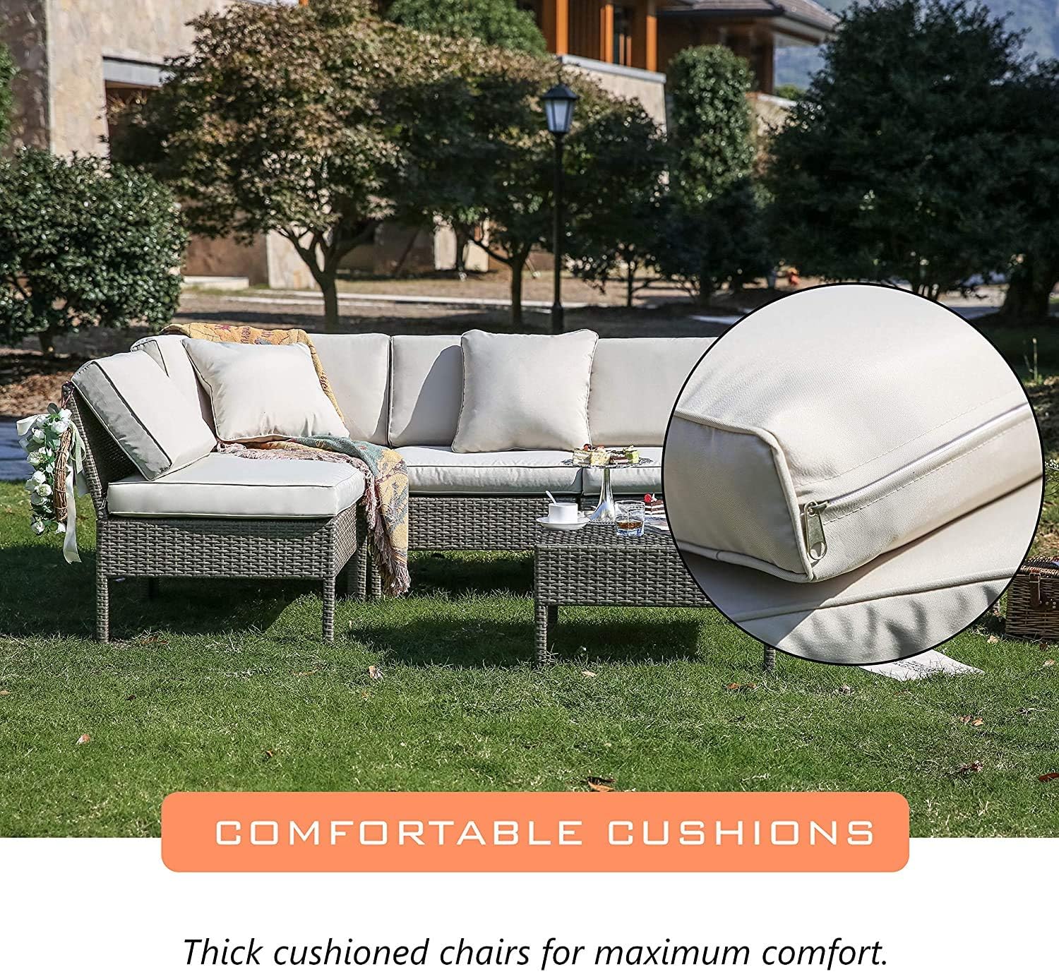 LOKATSE HOME 6 Pieces All-Weather Rattan Patio Sectional Sofa Set Wicker Outdoor Furniture with 3 Pillows Coffee Table, Beige : Garden & Outdoor