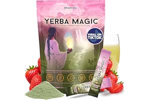 BRAINISTA Yerba Magic Strawberry Matcha Instant Tea, 3-in-1 Super Drink - Clean Energy, Brain Fog Buster, and Gut Health Powered by Nootropics, Prebiotics and Probiotics | Yerba Mate 20 Stick Packs