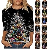 Christmas Shirts for Women 3/4 Length Sleeve Tunic Blouses Xmas Tree Cute Print Tops Crew Neck Graphic Tees