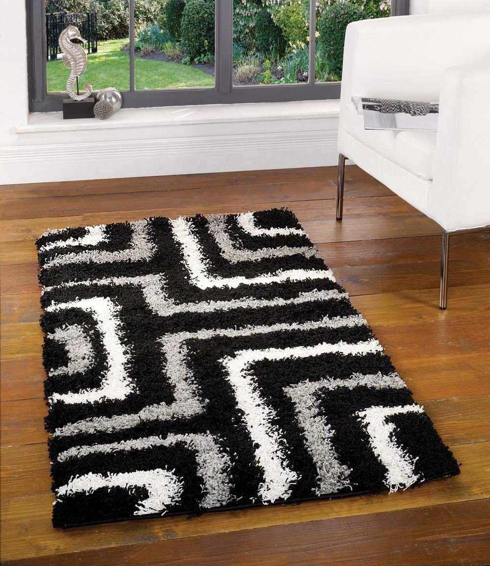 Large Quality Shaggy Rug in Black & Grey 160 x 230 cm (5'3" x 7'7") Carpet