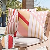 Phantoscope Pack of 2 Outdoor Pillows Waterproof Geometric Stripes Outdoor Pillow Covers, Decorative Square Patio Pillows Cushion Case for Couch Tent Sunbrella, Peach Coral and Pink 18 x 18 Inches
