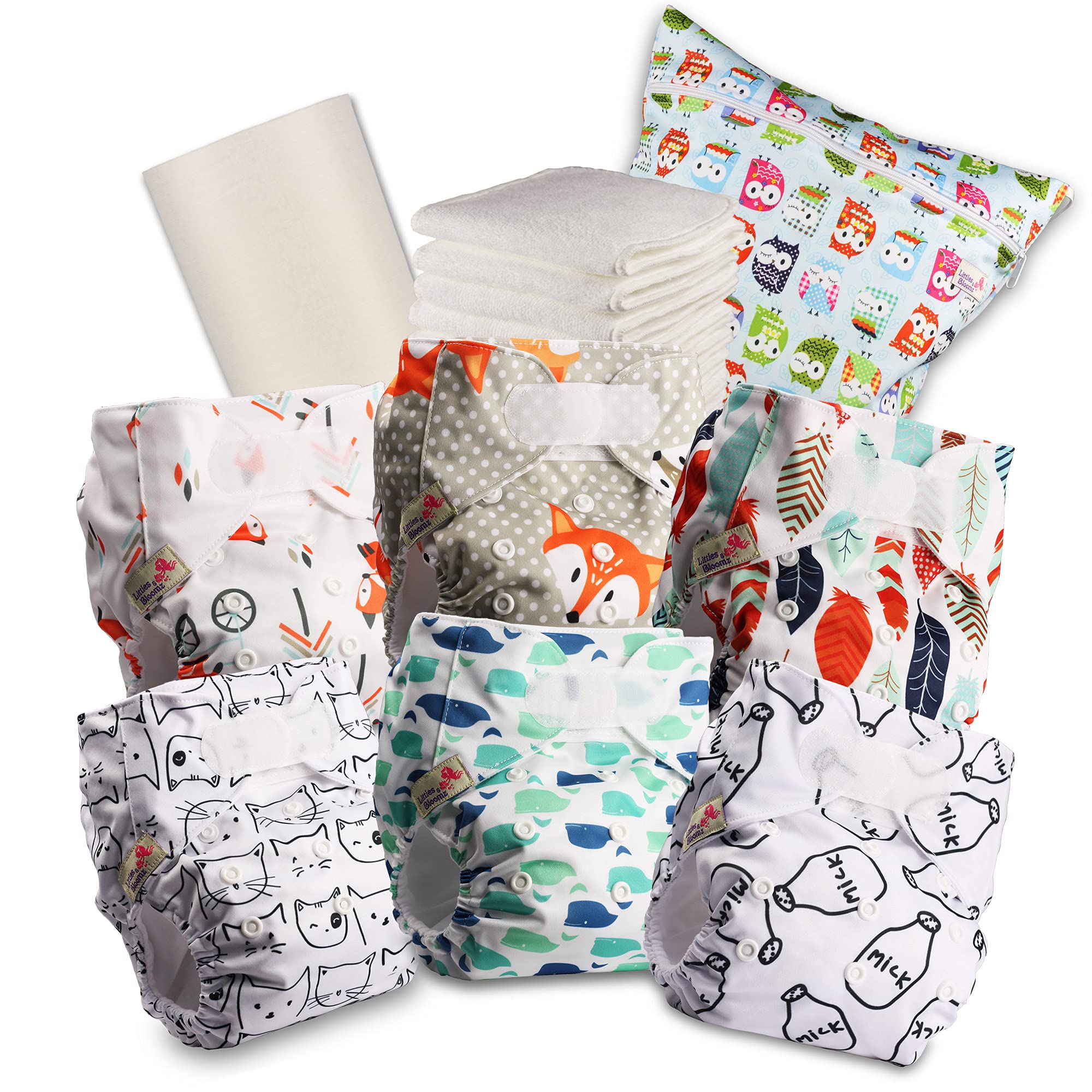 Littles & Bloomz Reusable Nappies – Pocket Cloth Nappy with Hook & Loop Fastening, 6 Nappies + 6 Microfibre Inserts, Bamboo Liner & Wet Nappy Bag 606VM6