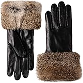 VIKIDEER Very Warm Fur Lined Gloves Women with Natural Brown Rabbit Fur Cuffs Leather Gloves Touchscreen Texting Driving