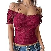 Mansy Women Off Shoulder Lace Going Out Crop Tops Sexy Slim Short Sleeve See Through Backless Crop Blouse Shirts