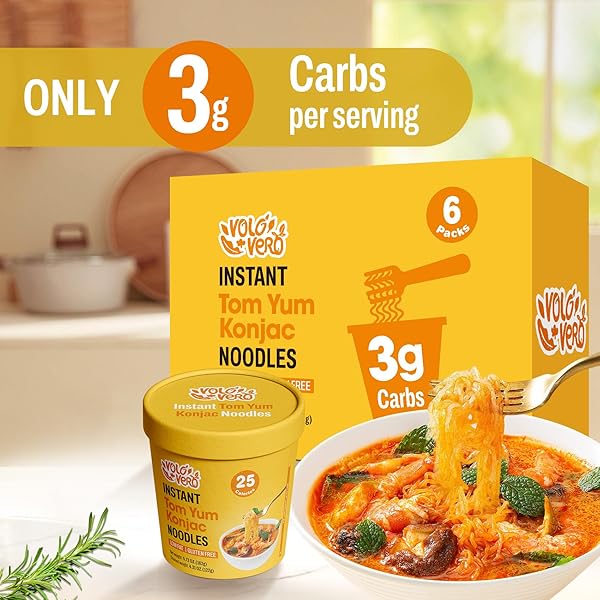 VOLO VERO KONJAC NOODLE INSTANT SOUP CUP TOM YUM FLAVOR, 6 PACKS, GLUTEN FREE, VEGAN, LOW CARB, LOW CALORIE, LOW SUGAR, KETO SHIRATAKI NOODLES ANGEL HAIR PASTA, HEALTHY DIET FOOD, HOLIDAY GIFTS