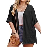 IN'VOLAND Womens Plus Size Lightweight Cardigan Open Front Short Sleeve Casual Loose Fit Beach Cover Up