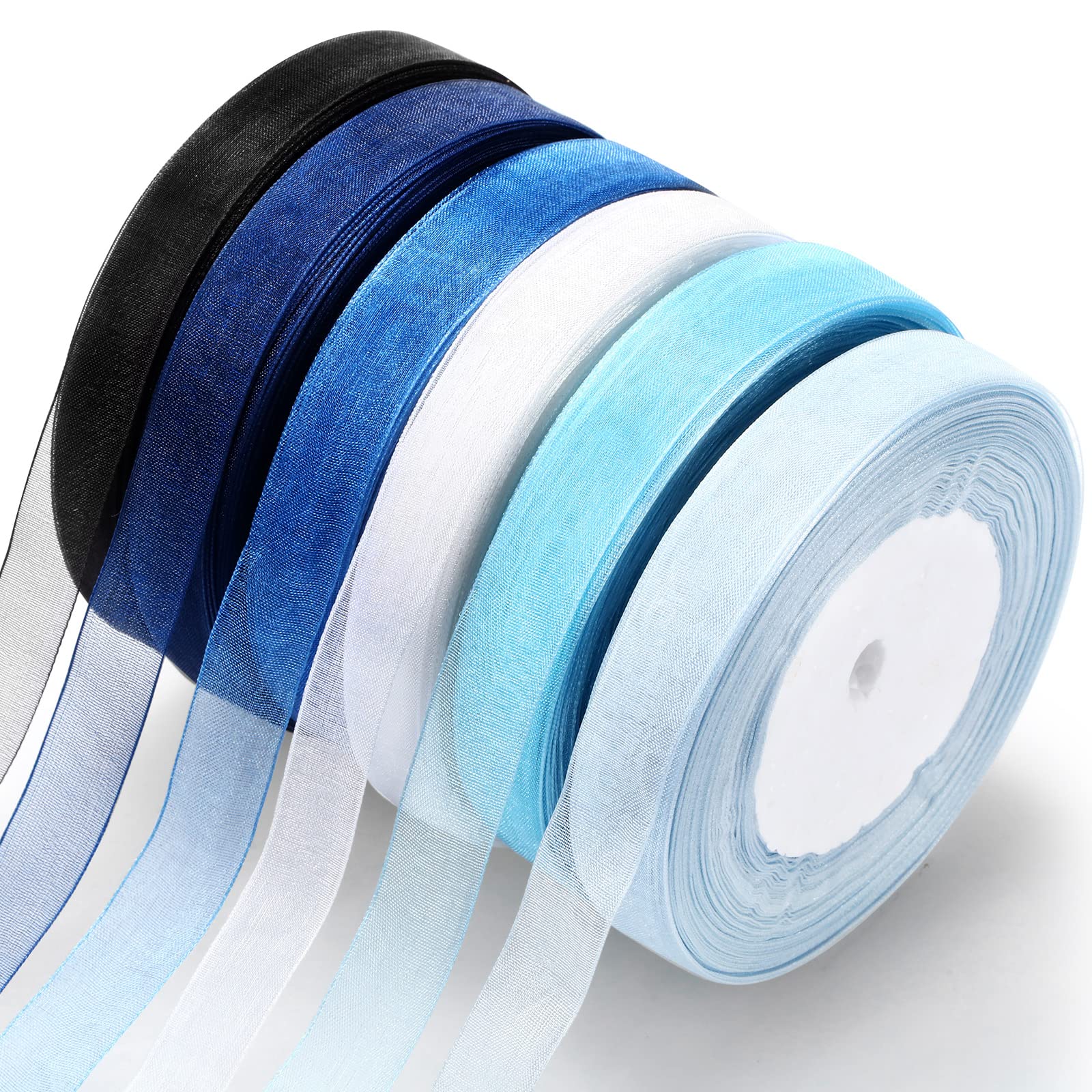 Photo 1 of 6 Rolls Organza Ribbon Sheer Chiffon Ribbon Bulk for Wrapping Decorating Valentine Wedding Birthday Bouquet Garland(0.6 Inch X 50 Yard Each Roll,Blue)