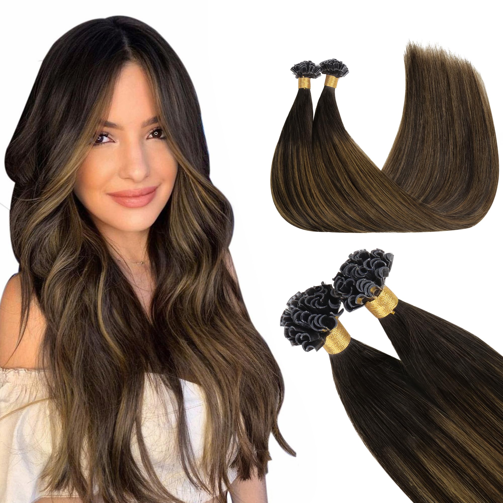 GOO GOO U Tip Hair Extensions Real Human Hair,Balayage Dark Brown to Chestnut Brown 50g 20inch 50 Strands Hot Fusion Keratin Hair Extensions, Straight — image 1
