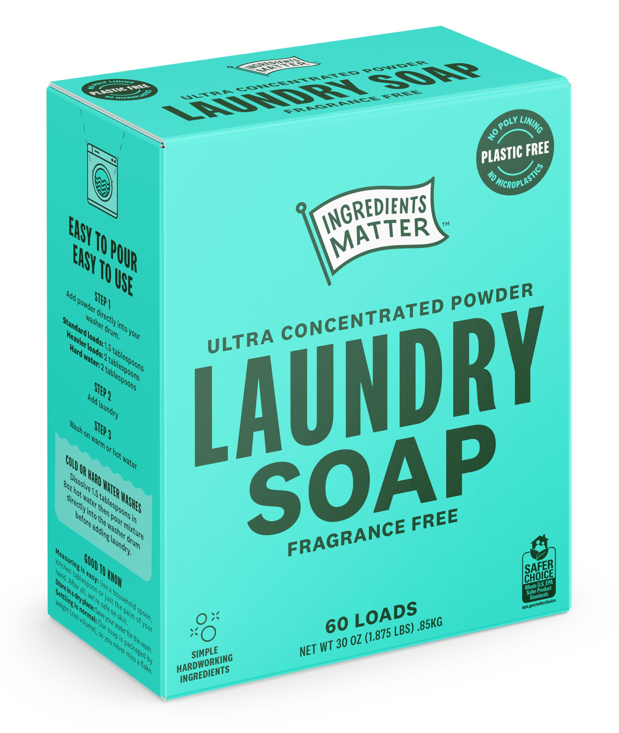 Photo 1 of Ingredients Matter Powder Laundry Soap - Fragrance Free, Hypoallergenic Detergent, Natural & Eco-Friendly, Plastic Free, Made in USA, Natural Essential Oils & Dermatologist Tested - 30 oz, 60 Loads