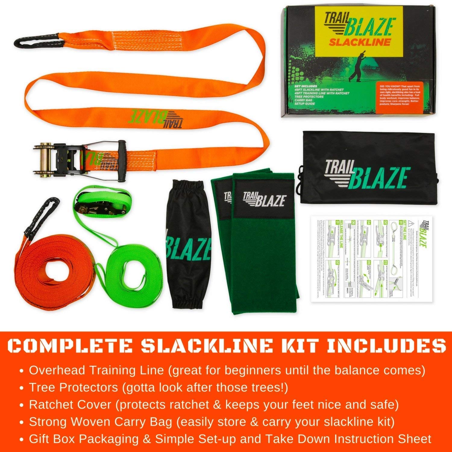 Complete Slackline Kit with Training Line 60 ft Slack Line Longest