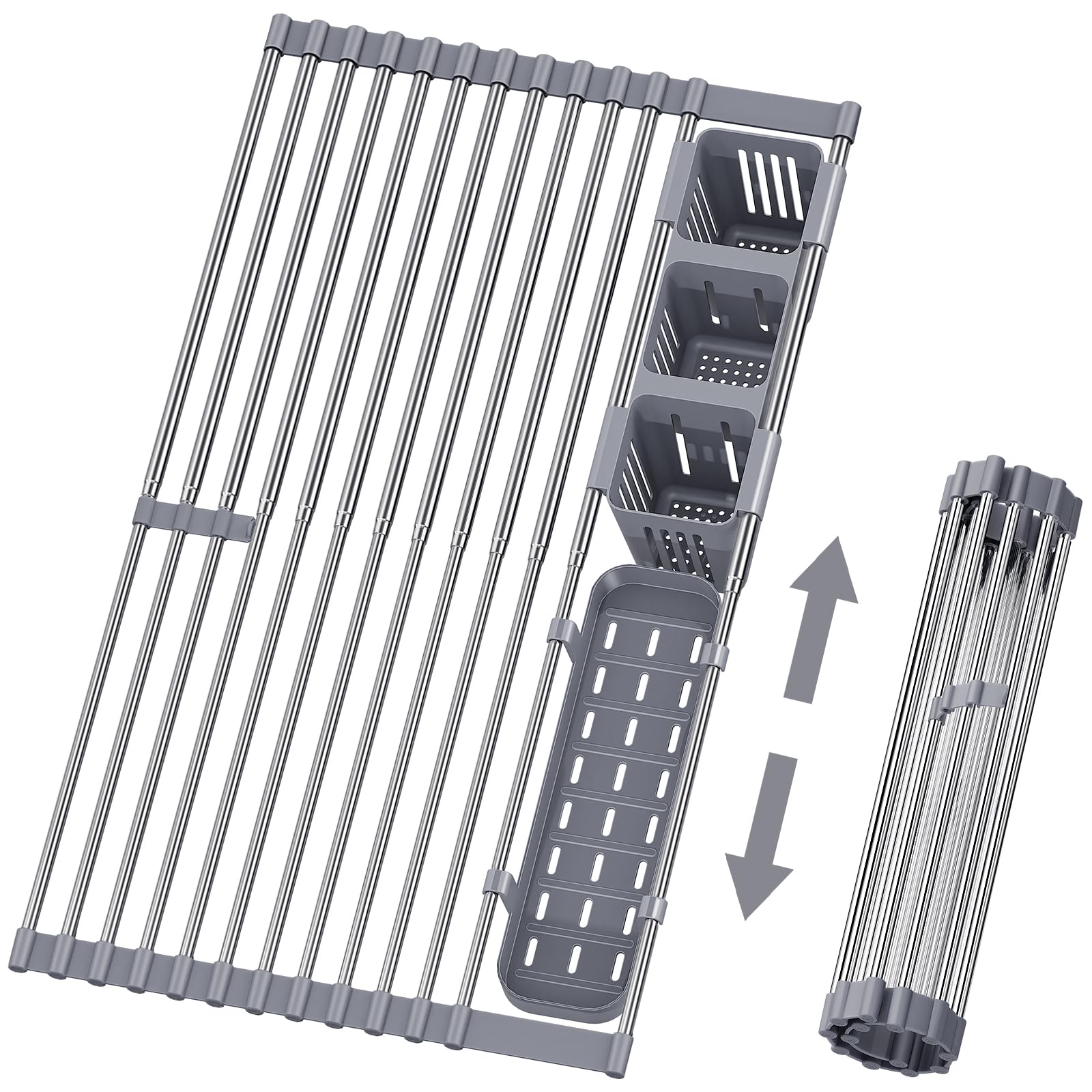 Photo 1 of LIONONLY Expandable Roll Up Dish Drying Rack, 304 Stainless Steel Over The Sink Dish Drainer Rack, Foldable Rollable Kitchen Sink Rack with 2 Removable Utensil Holder 12.59”-12.59”to 23.22”