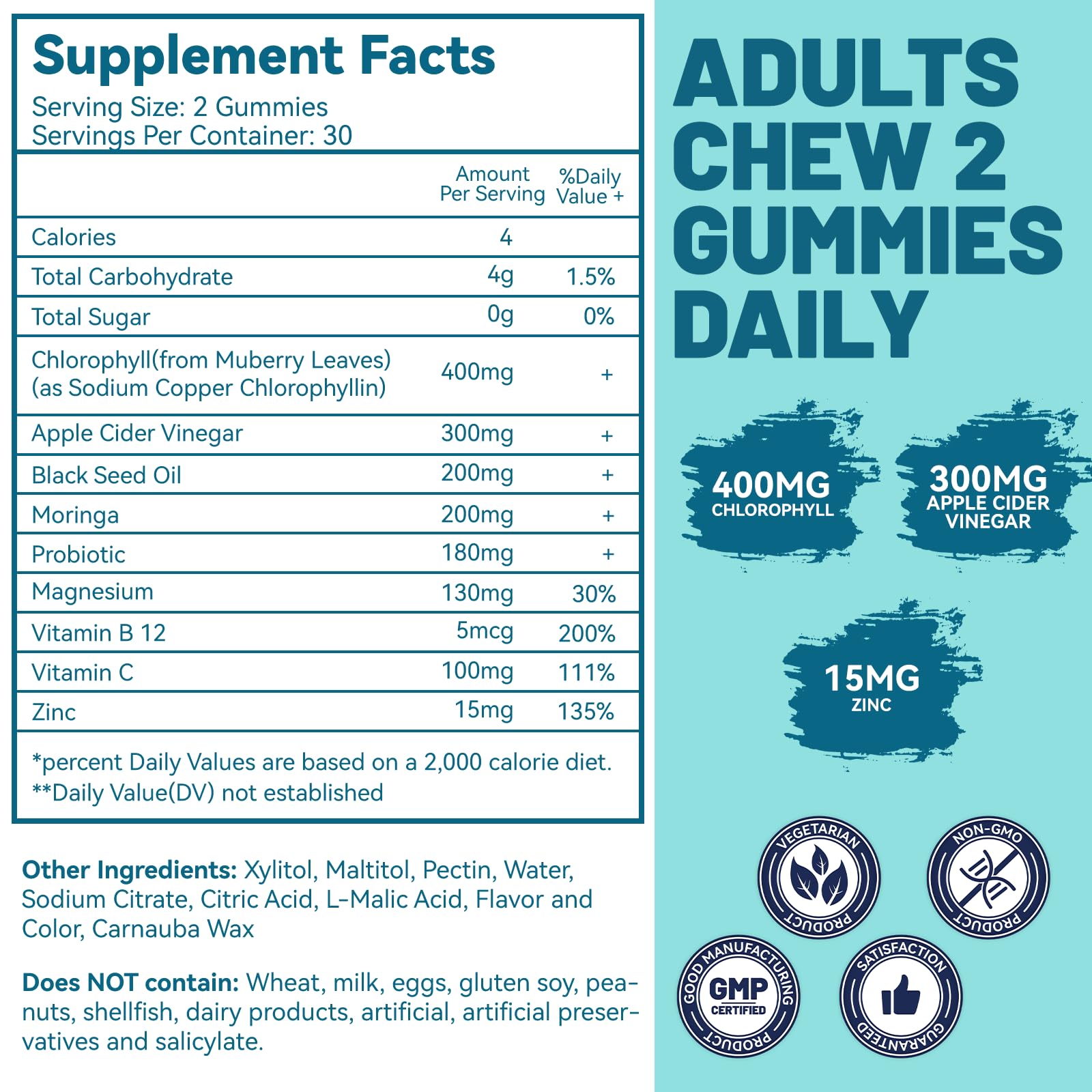 Sugar Free Chlorophyll Gummies, Vitamin B12 Zinc - Natural Deodorant*, Supports Healthy Skin & Body Detox*, Immune & Digestion Support, Chewable Chlorophyll Supplement for Women - 60 Count