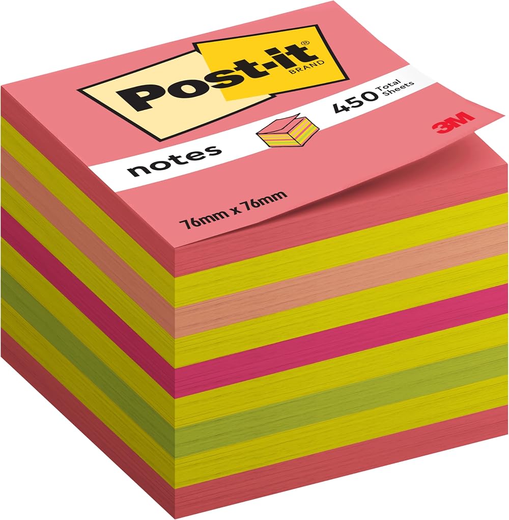 Post-it Neon Sticky Notes Cube 450 Sheets 76x76 Pink Yellow Orange Green