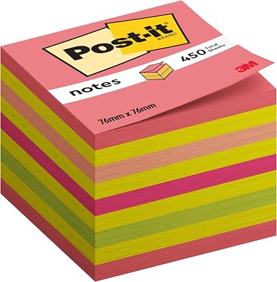Post-it Neon Sticky Notes Cube 450 Sheets 76x76 Pink Yellow Orange Green