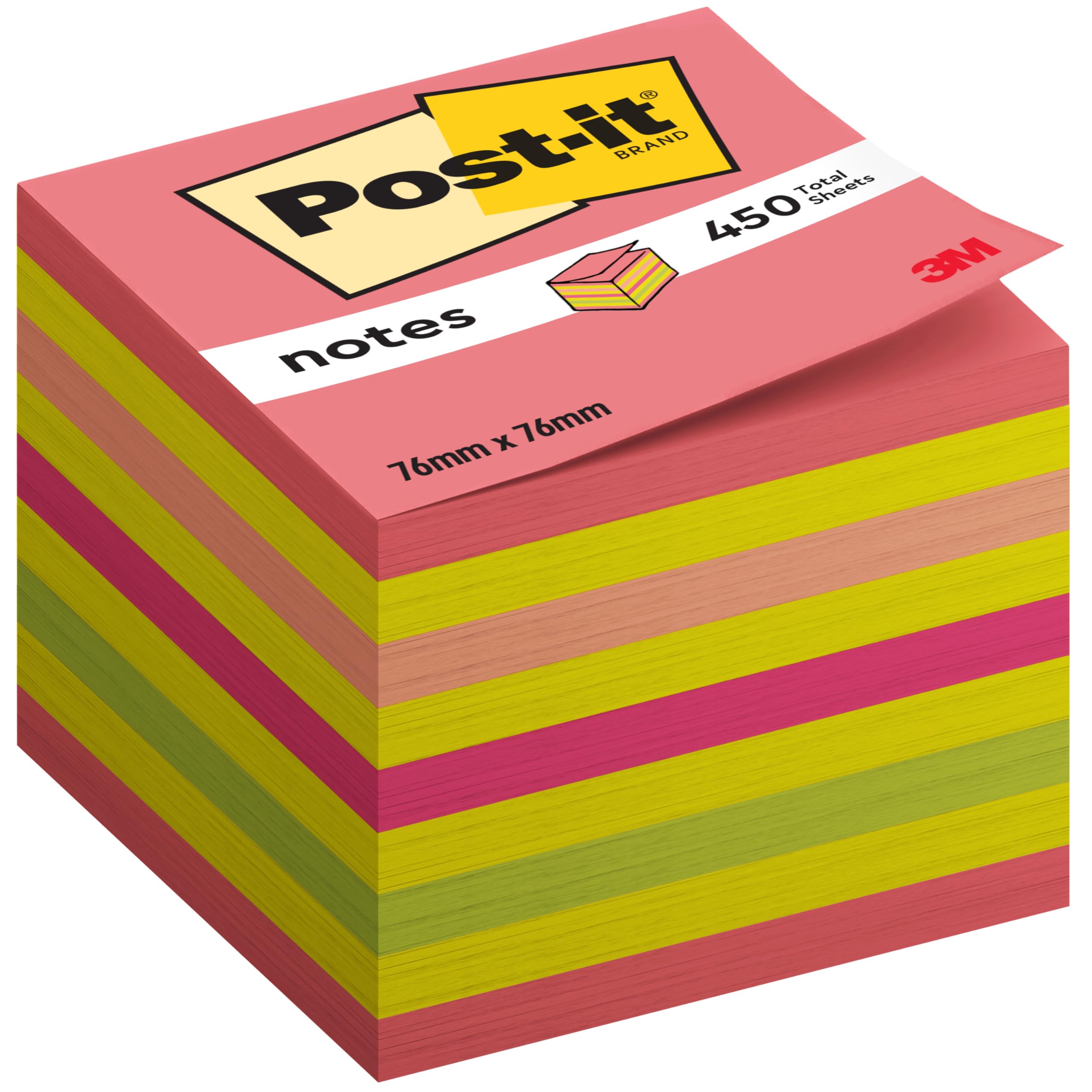 Post-it Sticky Notes Cube Neon Collection, Pack of 1 Pad, of 450 Sheets, 76 mm x 76 mm, Pink, Yellow, Orange, Green Colors - Self-Stick Notes for Note Taking, to Do Lists & Reminders