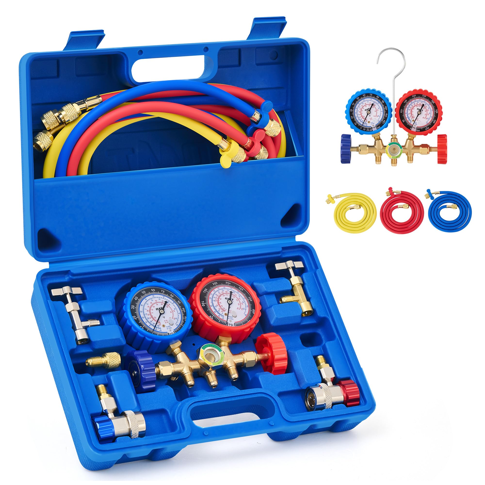 Photo 1 of Orion Motor Tech AC Gauges, AC Manifold Gauge Set for R134a R12 R502 Refrigerant, 3 Way Car with 5FT Hoses Couplers & Adapter, Puncturing & Self Sealing Can Tap Freon Charge Kit