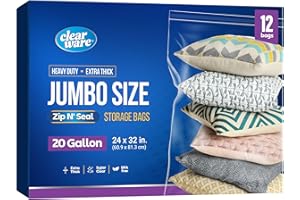 CLEARWARE 12 Count - Large Plastic Bags With Zipper Top, 20 Gallon Size 24" x 32", Extra Large Storage Bags, For Clothes, Travel, Moving, BPA-Free, Heavy Duty 3-Mil Thick