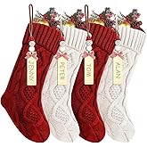 PowerKing Personalized Christmas Stockings 18 Inch, 4 Pack Large Knitted Holiday Stockings with DIY Snowman Name Tags for Fireplace Mantel, Xmas Tree, Family Holiday Decorations