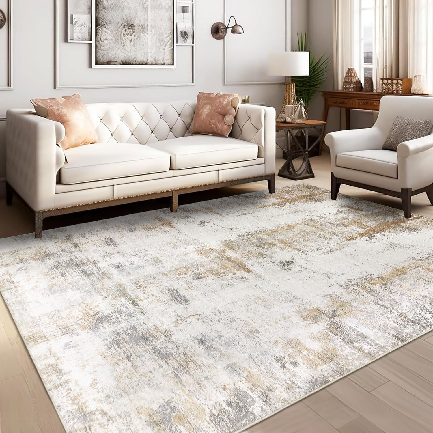 Photo 1 of famibay 5x8 Area Rug, Abstract Washable Rugs for Living Room Low Pile Neutral Area Rug for Bedroom Aesthetic Non Slip Rubber Backed Carpet Rugs for Living Room Bedroom Dining Room(Beige/Camel)