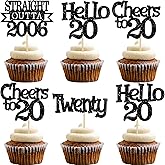 Ephlyn 24Pcs Happy 20th Birthday Cupcake Toppers Glitter Straight Outta 2006 Cupcake Picks Hello 20 Cheers to 20 Years Cake Decorations for 20th Birthday Anniversary Party Decorations Supplies Black