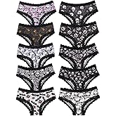 Morvia 10pcs Women's Gothic Contrast Lace Halloween Skull & Rose Print Hipster Panties Assorted Styles