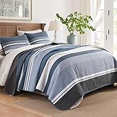 Finlonte Quilt Set King Size, 100% Cotton King Quilt Bedding Set, Modern Striped Bedspread Lightweight Quilted Comforter for King Bed, Blue/White, All Season, 3 Pieces