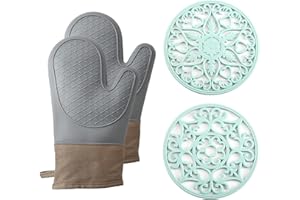 Domonic Home Oven Mitts and Pot Holders Sets, Silicone Oven Mitts Heat Resistant 600F, Oven Mitt Set Soft Lining Good Grip, Oven Gloves and Trivet Mats 4 Piece Set, Blue