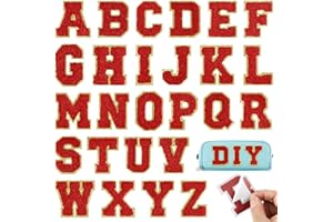 BOUBONI 26Pcs Red Iron on Letters A-Z, Self Adhesive Chenille Letter Patches for Fabric Clothing