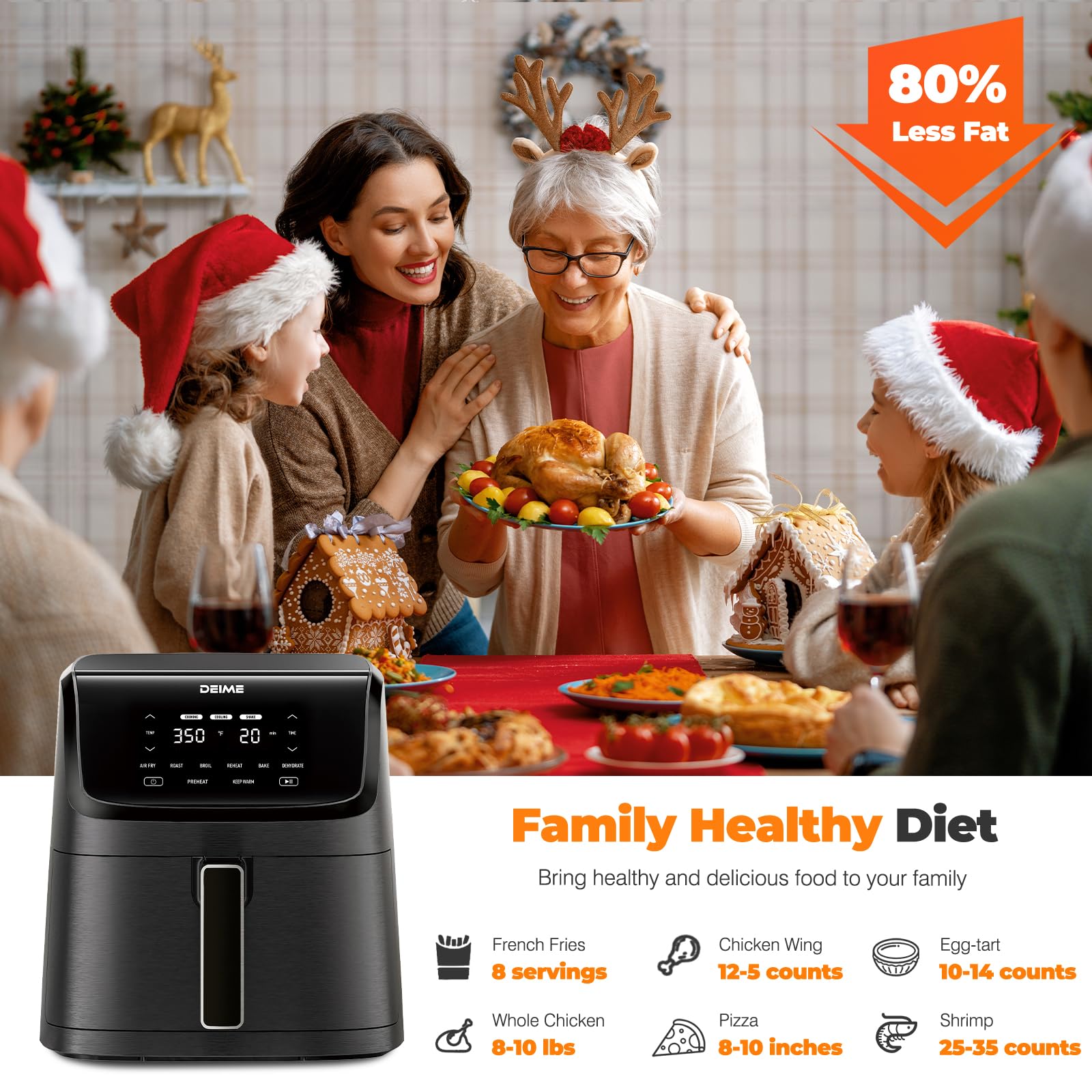 DEIME Freidora de aire 7.2 QT 1700W Horno sin aceite Cocina saludable Freidoras de aire Gran capacidad con 8 preajustes, Pantalla táctil LCD, Cocción personalizable, Cesta antiadherente (Negro)