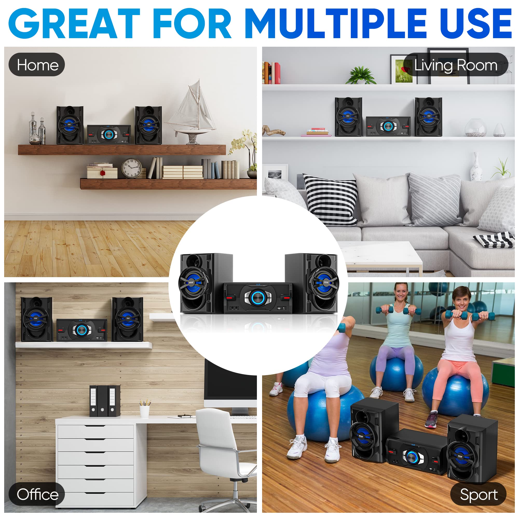 Pyle 3-piece Wireless BT Streaming Stereo with 800 Watt Max Power, Sleek and Compact Design, Mini System for Home with MP3, USB, FM Radio, Bass Reflex Speaker, and Remote Control