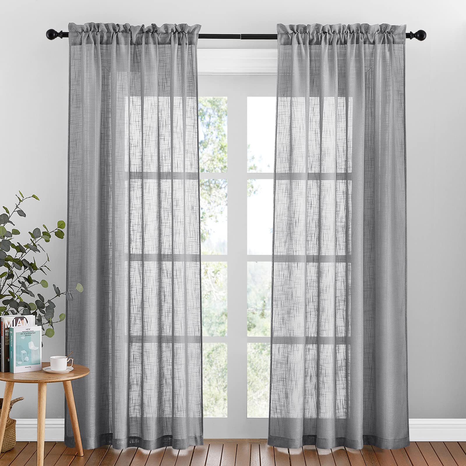 PONY DANCE Voile Curtains 84 Drop - Bathroom Door Curtain Slot Top Window Voile Panels Home Decoration Faux Linen Curtains for Bedroom/Living Room, 2 PCs, W 52 x L 84-inches, Dark Grey