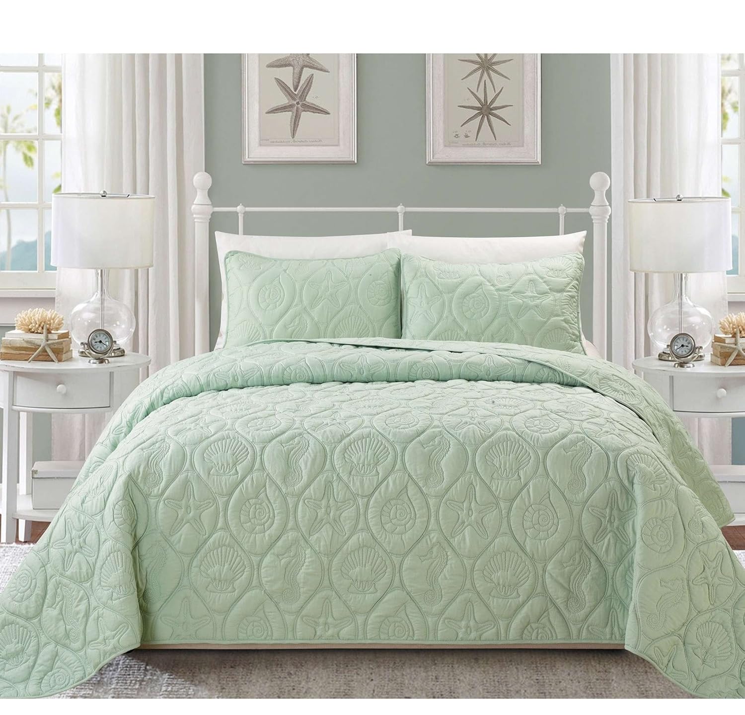 3 Piece Seafoam Green Embossed Seashell Themed Bedspread Queen Set Beautiful Classic Coastal Seahorse Bedding Hexagon Textured Summer Vacation Ocean