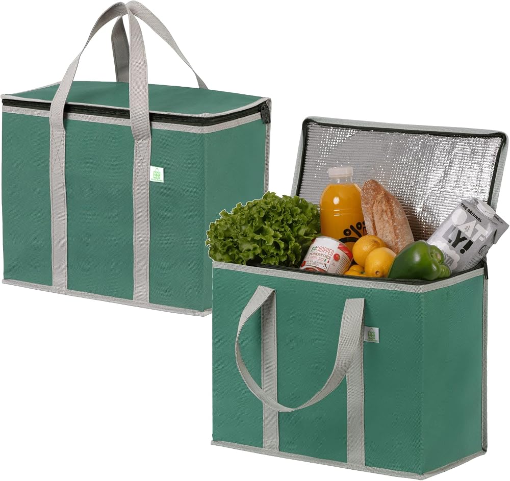 VenO 2Pcs Reusable Large Cooler Bag with Lid Dark Green 40L Capacity