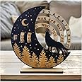 Perpetual Calendar Creative Rotatable Moon Disk Calendar,ENCIMART Desk Calendar,6 Inch Mini Wooden Calendar Desk Decoration,Desk Accessories for Home Office Decor, Reusable Yearly (Wolf)