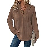 Dimur Hoodies for Women Waffle Knit V Neck Oversized Sweatshirt Button Down Drawstring Hooded Pullover Tops for Fall 2025