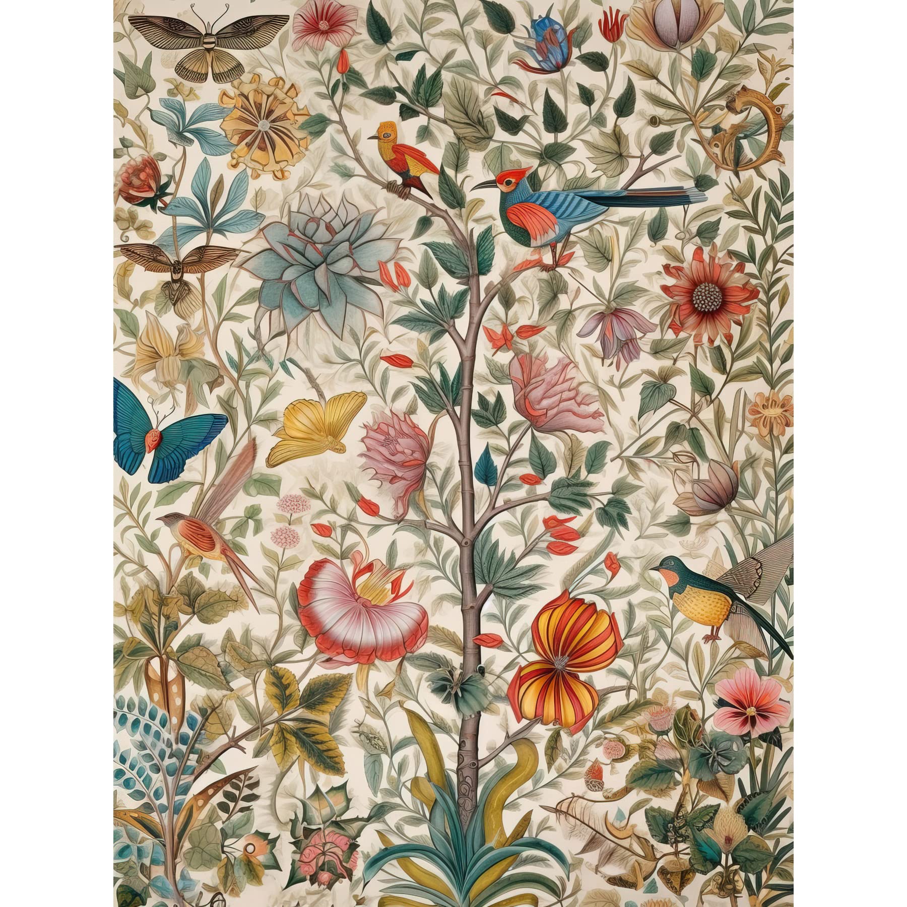 Artery8 Butterflies And Flower Plants Pattern Folk Art Watercolour Painting Extra Large XL Wall Art Poster Print