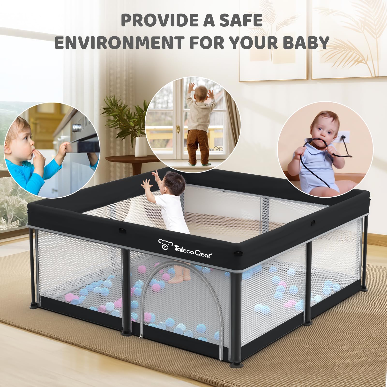 Taleco Gear Foldable Baby Play Pen with Mat, 50''x50'' Playpen for Babies and Toddlers, Playpen for Baby with Gate, Breathable,Foldable Travel Play Pen with 50 Ocean Balls