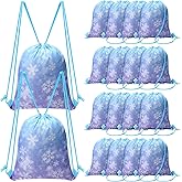 ReliThick 16 Pcs Snowflake Party Favor Gift Bags Blue and Purple Drawstring Backpack Snowflake Treat Goodie Bags for Winter Holiday Birthday Party Supplies