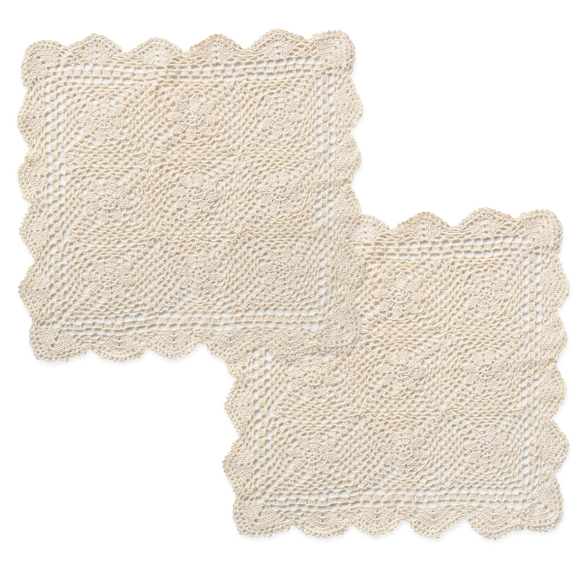 kilofly Handmade Crochet Cotton Lace Table Placemats Sofa Doilies, 2pc, Square, Beige,19.6 inch