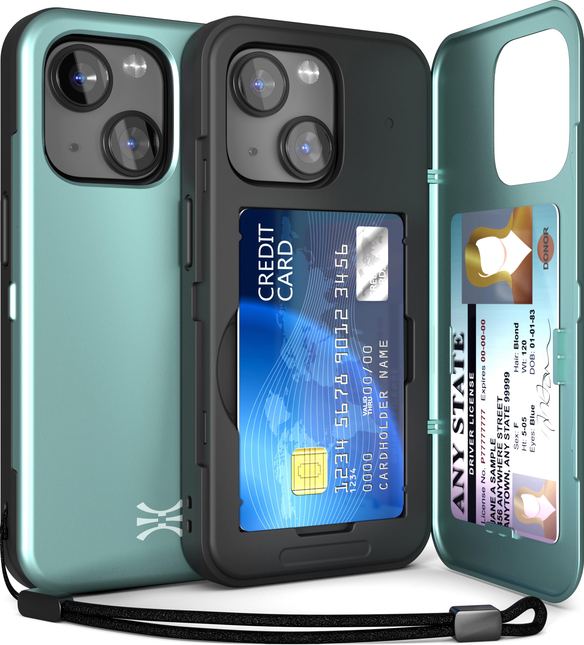 TORU for iPhone 15 Wallet Case with Card Holder, Hidden ID Credit Card Slot Flip Kickstand, Slim Fit Shockproof Heavy Duty Phone Cover with Strap - Green